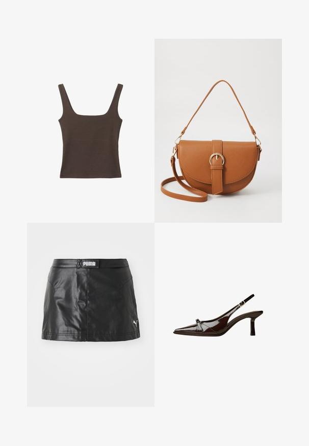 Hnědý bezramínkový top se čtvercovým výstřihem vyrobený z měkké, elastické tkaniny. Má přiléhavý design a ploché švy.; Černá sukně z umělé kůže s hladkým povrchem, v pase s logem PUMA a malým logem na lemu.; Hnědé lakované sandály s špičatou špičkou, nízkým podpatkem a dekorativní mašlí na přední části. Hladký, lesklý povrch.; Hnědá kožená křížová taška s zakřiveným tvarem, zlatými detaily a akcentem s přezkou. Obsahuje odnímatelný popruh na rameno.