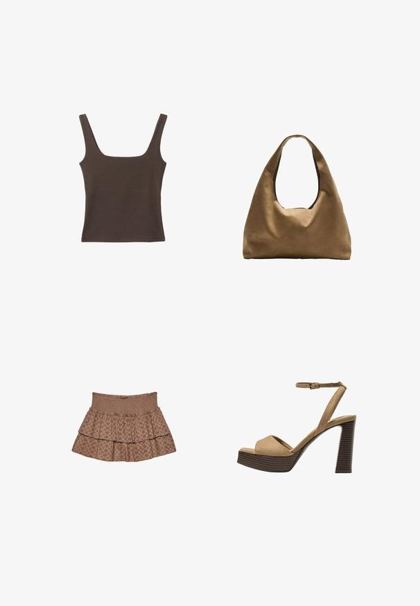 Braunes ärmelloses Oberteil mit quadratischem Ausschnitt, aus weichem, dehnbarem Stoff gefertigt. Verfügt über ein figurbetontes Design und flache Nähte.; Brauner, gestufter Rock aus weichem Stoff. Verfügt über einen elastischen Bund und bestickte Muster mit geometrischem Design.; Beige Wildleder-Pumps mit hohem Absatz, breitem Vorderband und Knöchelriemen, ausgestattet mit einem klobigen Holzblockabsatz mit strukturiertem Finish.; Braune Stoffschultertasche mit einem breiten, runden Körper und einem großen Ausschnittgriff. Sanfte Textur, minimalistisches Design und keine sichtbaren Beschläge.
