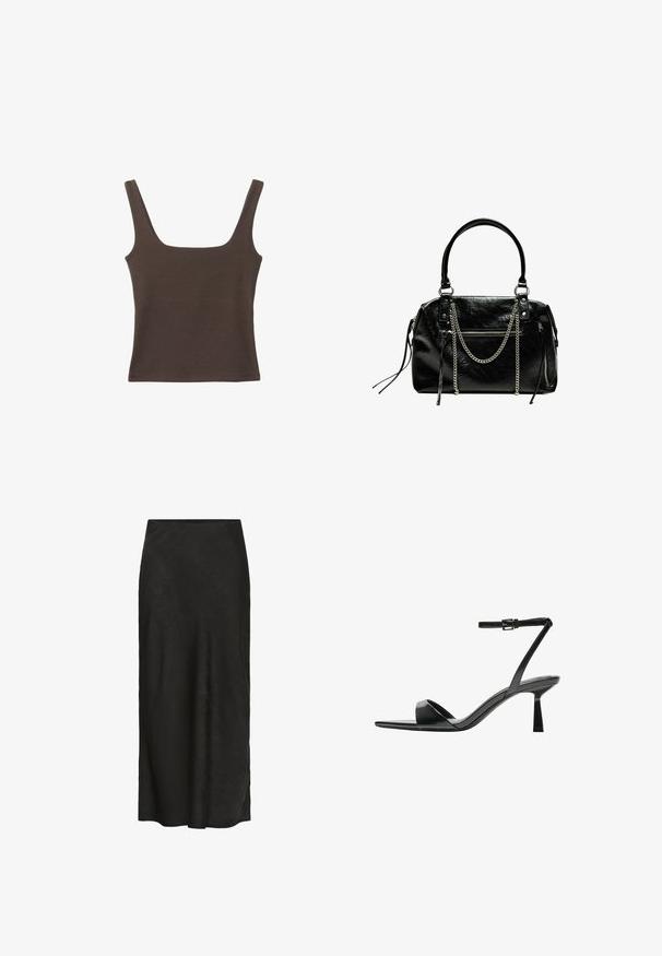 Brun ærmeløs top med firkantet udskæring, lavet af blød, strækbar stof. Har et tætsiddende design og flade sømme.; Sort, gulvlange nederdel lavet af struktureret stof. Har en glat talje, let fald og et minimalt design uden yderligere detaljer.; Bershka Højhælede sandaletter / Højhælede sandaler - black; Bershka WITH CHAIN - Håndtasker - black
