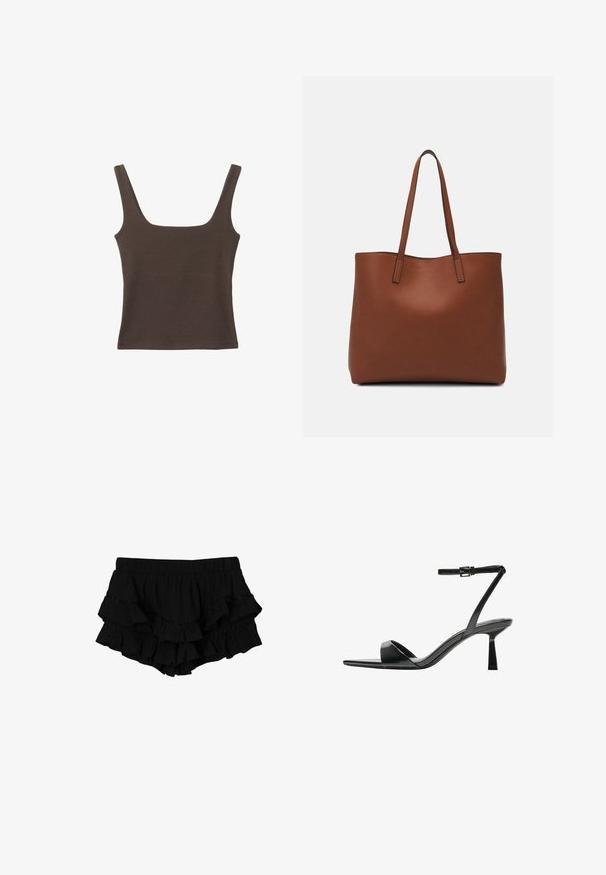 Brun ærmeløs top med firkantet udskæring, lavet af blød, strækbar stof. Har et tætsiddende design og flade sømme.; Sorte rynkede shorts med elastisk talje, der har tre lag af flæser og en subtil tekstureret stof, hvilket skaber en lagdelt silhuet.; Bershka Højhælede sandaletter / Højhælede sandaler - black; Brun læder tote taske med en glat overflade, åben topdesign og to skulderremme. Har minimal syning og ingen synlig hardware.