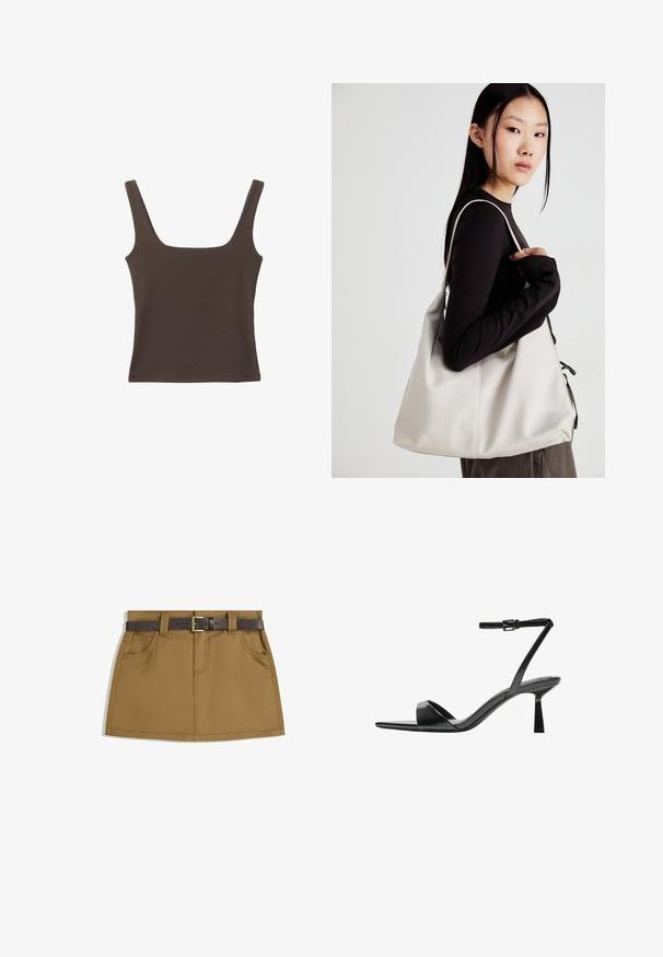 Braunes ärmelloses Oberteil mit quadratischem Ausschnitt, aus weichem, dehnbarem Stoff gefertigt. Verfügt über ein figurbetontes Design und flache Nähte.; Brauner Jeansrock mit einem dunkelbraunen Gürtel und einer Metall-Schnalle, zwei Vorderentaschen und einem geraden, leicht ausgestellten Schnitt.; Bershka High Heel Sandalette - black; Beige Handtasche aus weichem Material, mit einem lässigen Design, gesteppten Details und zwei Schulterriemen. Geeignet für den täglichen Gebrauch.