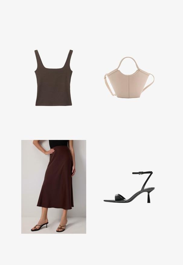 Haut sans manches marron avec un décolleté carré, fabriqué à partir d'un tissu doux et extensible. Présente un design ajusté et des coutures plates.; Jupe en satin marron, arrivant aux genoux, avec une silhouette évasée. Elle présente une texture douce et un design taille haute, associée à des sandales à talons noires.; Bershka Sandales à talons hauts - black; Sac à main en cuir beige avec une forme unique, doté de deux poignées courtes et d'une longue sangle réglable. Texture lisse avec un minimum de matériel.
