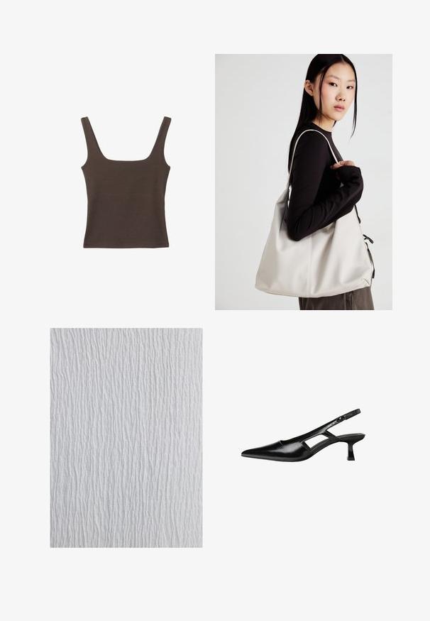 Rjava brezrokavna majica s kvadratnim izrezom, narejena iz mehkega, elastičnega materiala. Ima oprijet kroj in ravne šive.; Bela teksturirana tkanina z valovitim vzorcem, ki vsebuje navpične črte različne debeline, kar ustvarja valoviti videz po vsej površini.; Črne patentični usnjeni salonarji s slingback designom, z zašiljenim nosom, izrezanim stranskim dizajnom in majhnim kvadratnim peto. Gladka tekstura z minimalnimi detajli.; Bežna torbica iz mehkega materiala, z ohlapno zasnovo, šivi in dvema naramnicama. Primerna za vsakodnevno uporabo.