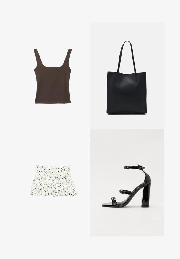 Bruine tanktop zonder mouwen met een vierkante halslijn, gemaakt van zachte, rekbare stof. Heeft een aansluitend ontwerp en platte naden.; Witte stoffen rok met een gerimpeld design, voorzien van een zwart stippenpatroon over de hele lengte. Elastische tailleband met een uitlopende zoom.; Zwarte gepatenteerde sandalen met hak en een vierkante neus, enkelbandjes en zilveren gespen. Heeft een stevige blokhak voor stabiliteit.; Zwarte leren handtas met een gladde textuur, rechthoekige vorm en twee lange handvaten. Geen zichtbare hardware of versieringen.