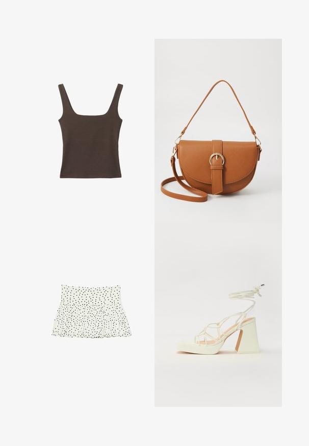 Brun ärmlös topp med fyrkantig halsringning, tillverkad av mjukt, elastiskt tyg. Har en figurnära design och plana sömmar.; Vit tygkjol med en rynkad design, med ett svart prickigt mönster genom hela. Elastisk midja med en utställd nederkant.; Vit högklackad sandal med en kraftig klack, med ett remdesign och ankelband. Slät textur med en plattform framtill för ökad höjd.; Brun läder crossbody-väska med en böjd form, gyllene detaljer och en spänneaccent. Har en avtagbar axelrem.