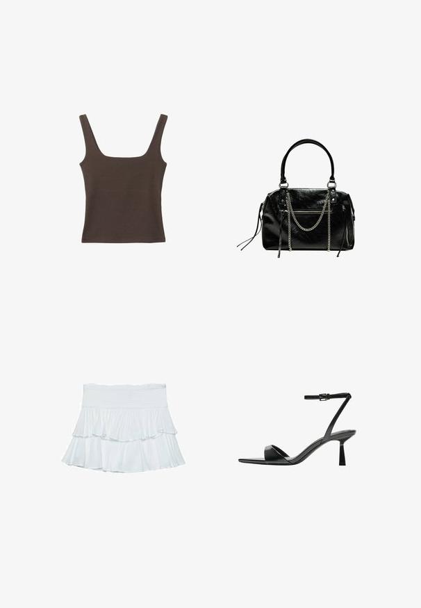 Bruine tanktop zonder mouwen met een vierkante halslijn, gemaakt van zachte, rekbare stof. Heeft een aansluitend ontwerp en platte naden.; Witte gelaagde rok van zacht, lichtgewicht stof. Beschikt over een smocktail en vloeiende ruches die volume en beweging creëren.; Bershka Sandalen met hoge hak - black; Bershka WITH CHAIN - Handtas - black