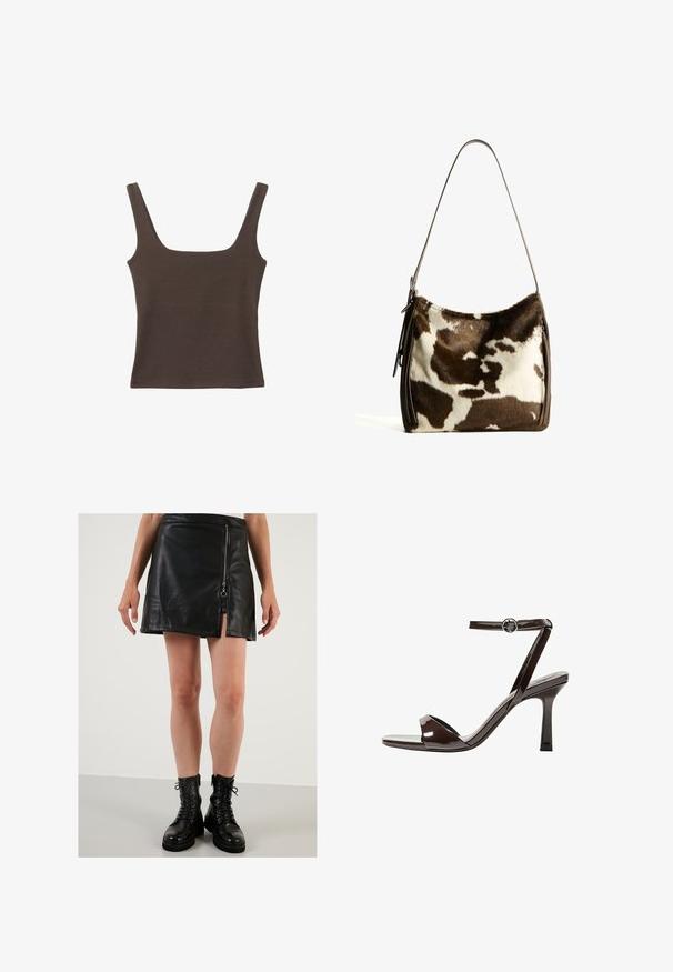 Rjava brezrokavna majica s kvadratnim izrezom, narejena iz mehkega, elastičnega materiala. Ima oprijet kroj in ravne šive.; Črna usnjena mini krilo s sprednjim zadrgo, ki ima stranski razporek; gladka tekstura in čiste linije s minimalističnim dizajnom.; Rjave visokosprti sandali iz pateniranega usnja z zaponko okoli gležnja, odprto konico in eleganten, minimalističen dizajn. Imajo kvadratno peto.; Rjav in krem torba iz kravjega usnja s gladkim usnjenim trakom, z zadrgo in mehko, strukturo površino, ki prikazuje naravni vzorec.