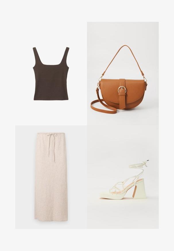 Braunes ärmelloses Oberteil mit quadratischem Ausschnitt, aus weichem, dehnbarem Stoff gefertigt. Verfügt über ein figurbetontes Design und flache Nähte.; Helle beigefarbene Maxikleid aus strukturiertem, gemustertem Stoff. Verfügt über einen elastischen Bund mit einer Kordel zum Verstellen der Passform.; Weiße High-Heel-Sandale mit einem klobigen Absatz, die über ein Riemchendesign und ein Knöchelband verfügt. Glatte Textur mit einer Plattform vorne für zusätzliche Höhe.; Braune Leder-Crossbody-Tasche mit geschwungener Form, goldfarbenen Beschlägen und einer Schnallenakzentuierung. Verfügt über einen abnehmbaren Schultergurt.