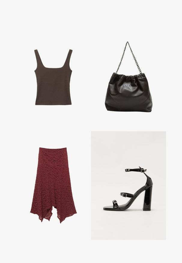 Bruine tanktop zonder mouwen met een vierkante halslijn, gemaakt van zachte, rekbare stof. Heeft een aansluitend ontwerp en platte naden.; Bordeaux-lakens rok met een uitlopende silhouet, voorzien van een textuurpatroon en een asymmetrische zoom voor een vloeiende uitstraling.; Zwarte gepatenteerde sandalen met hak en een vierkante neus, enkelbandjes en zilveren gespen. Heeft een stevige blokhak voor stabiliteit.; Bruine leren tas met een geplooide bovenkant en een kettinghengsel. Glad textuur met een glanzende afwerking en subtiele naaddetails aan de zijkanten.