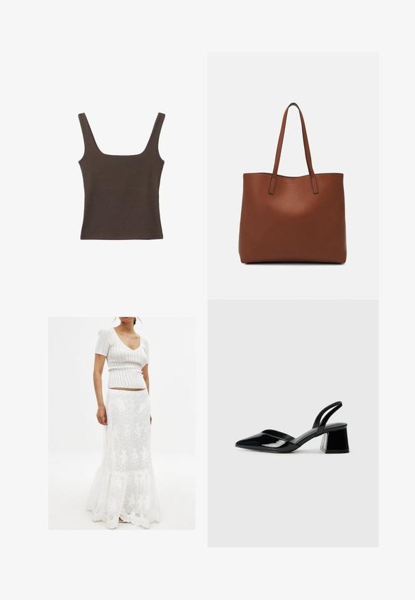 Hnedý bezrúškový top so štvorcovým výstrihom, vyrobený z mäkkého, elastického materiálu. Má priliehavý strih a ploché švy.; Biele pletené tričko s krátkymi rukávmi a výstrihom do V. Voľná biela sukňa s čipkovou vrstvou, volánkovým lemom a kvetinovým vzorom.; Čierne lakované kožené sandálové podpätky s špicatou špičkou a geometrickým blokovým podpätkom. Disponujú elegantným, minimalistickým dizajnom a hladkým povrchom.; Hnedá kožená taška na rameno s hladkou textúrou, otvoreným vrchom a dvoma ramenými popruhmi. Má minimálne šitia a žiadne viditeľné kovania.