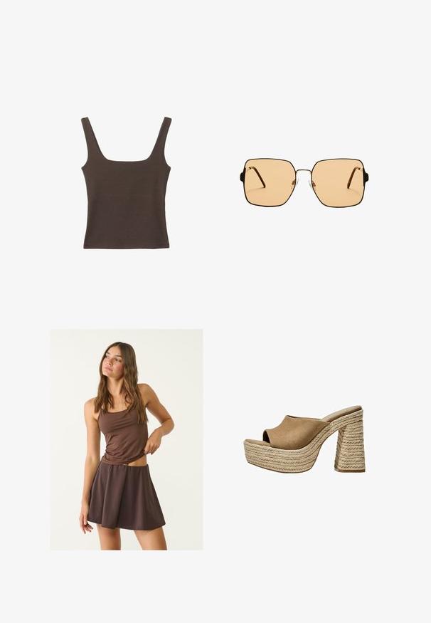 Brązowa bezrękawnikowa bluzka o kwadratowym dekolcie, wykonana z miękkiego, elastycznego materiału. Posiada dopasowany krój i płaskie szwy.; Brązowy top na ramiączkach i dopasowana spódnica w kształcie dzwonu, wykonane z miękkiego, lekkiego materiału. Top ma cienkie ramiączka i dopasowany krój.; Brązowe zamszowe mule na platformie z otwartym noskiem, z grubo plecioną jutową obcasem i gładkim, zaokrąglonym górnym fasonem.; Kwadratowe okulary przeciwsłoneczne z brązowymi soczewkami i cienką, czarną metalową oprawą. Posiadają skośne zauszniki i regulowane noski dla większego komfortu.
