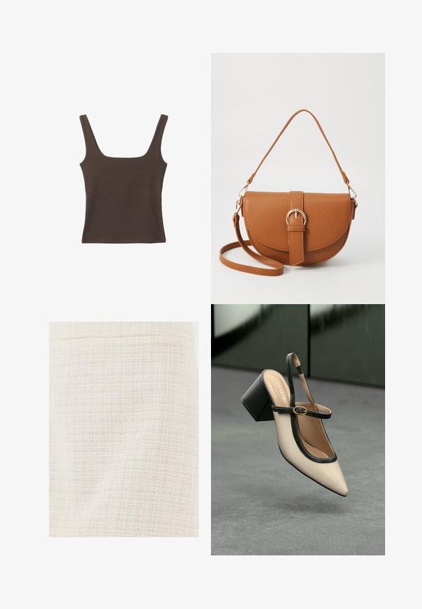 Hnedý bezrúškový top so štvorcovým výstrihom, vyrobený z mäkkého, elastického materiálu. Má priliehavý strih a ploché švy.; Detailný záber na tkaninu krémovej farby s jemným mriežkovým vzorom a textúrovanými vláknami.; Béžová lodička so špicatou špičkou, s čiernym lemom, zlatou prackou a robustným blokovým podpätkom na šedom podlahe s tmavozeleným pozadím.; Hnedá kožená kabelka cez telo s zakriveným tvarom, zlatými kovovými doplnkami a akcentom s prackou. Obsahuje odnímateľný ramenný popruh.
