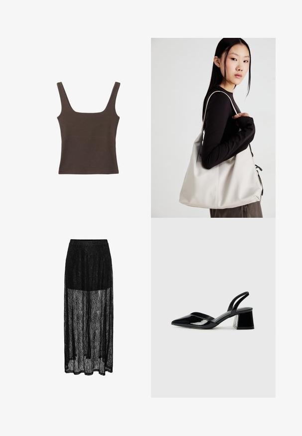 Smešani smeđi top bez rukava sa kvadratnim izrezom, izrađen od mekanog, rastezljivog materijala. Ima kroj koji se uklapa i ravne šavne.; Crna čipkasta maksi suknja s prozirnim slojem, ukrašena cvjetnim uzorkom i elastičnom naramenicom za udobnost. Duga, lepršava silueta.; Crne lakirane kožne sandale s otvorenom petom i špicastim vrhom, s geometrijskom blok petom. Imaju elegantan, minimalistički dizajn i glatku teksturu.; Bežna torba od mekog materijala s opuštenim dizajnom, šivanim detaljima i dva remena za rame. Pogodna za svakodnevnu upotrebu.