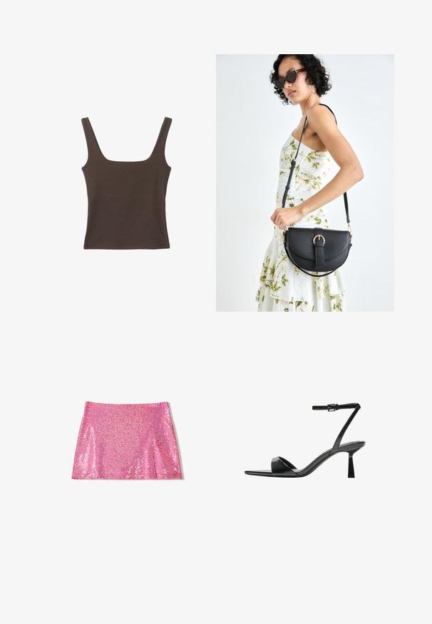 Hnedý bezrúškový top so štvorcovým výstrihom, vyrobený z mäkkého, elastického materiálu. Má priliehavý strih a ploché švy.; Ružová trblietavá minisukňa s hladkým povrchom, rovný strih a jemné rozšírenie na spodnom leme. Tienisté odlesky odrážajú svetlo a umocňujú jej živú farbu.; Bershka Sandále na vysokom opätku - black; Čierna kožená kabelka s zaobleným tvarom, odnímateľným popruhom a zlatými doplnkami. Kabelka má klopu s detailom s prackou.