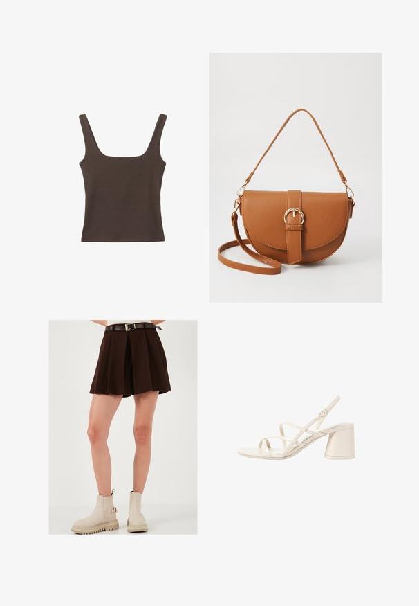 Hnedý bezrúškový top so štvorcovým výstrihom, vyrobený z mäkkého, elastického materiálu. Má priliehavý strih a ploché švy.; Hnedá plisovaná sukňa s priliehavým pásom a kontrastným hnedým opaskom s zlatou sponou. Nosená s béžovými členkovými čižmami.; Béžové sandále na podpätku s jemnými, prekrývajúcimi sa remienkami, otvorenou špičkou a štvorcovým blokovým podpätkom. Hladký lesklý povrch, nastaviteľný remienok na členku.; Hnedá kožená kabelka cez telo s zakriveným tvarom, zlatými kovovými doplnkami a akcentom s prackou. Obsahuje odnímateľný ramenný popruh.
