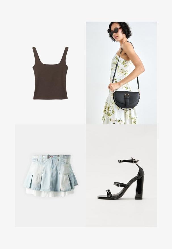 Hnedý bezrúškový top so štvorcovým výstrihom, vyrobený z mäkkého, elastického materiálu. Má priliehavý strih a ploché švy.; BDG Urban Outfitters RUBY RARA - Denimová sukňa - bleach denim; Čierne lakované sandále na podpätku so štvorcovou špičkou, navlečenými remienkami okolo členku a striebornými prackami. Disponujú masívnym blokovým podpätkom pre stabilitu.; Čierna kožená kabelka s zaobleným tvarom, odnímateľným popruhom a zlatými doplnkami. Kabelka má klopu s detailom s prackou.