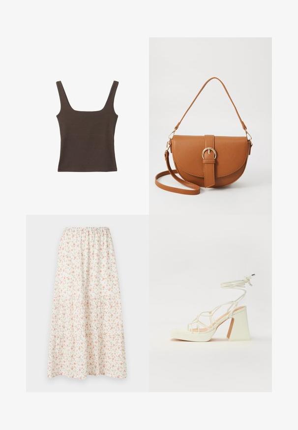 Braunes ärmelloses Oberteil mit quadratischem Ausschnitt, aus weichem, dehnbarem Stoff gefertigt. Verfügt über ein figurbetontes Design und flache Nähte.; Blumiger Midirock mit weißem Hintergrund, rosa und grünen Blumen, elastischem Bund und gestuften Design für zusätzlichen Volumen.; Weiße High-Heel-Sandale mit einem klobigen Absatz, die über ein Riemchendesign und ein Knöchelband verfügt. Glatte Textur mit einer Plattform vorne für zusätzliche Höhe.; Braune Leder-Crossbody-Tasche mit geschwungener Form, goldfarbenen Beschlägen und einer Schnallenakzentuierung. Verfügt über einen abnehmbaren Schultergurt.