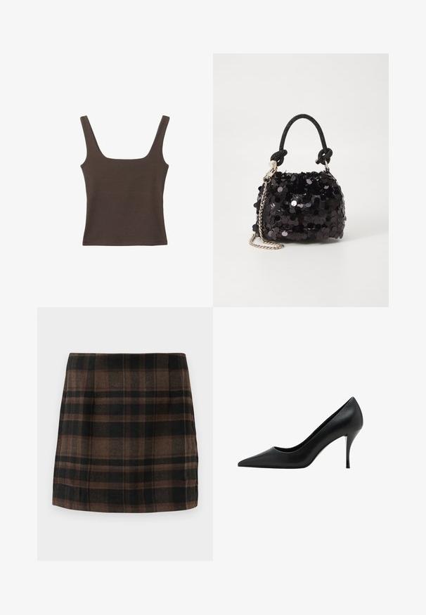 Brun ærmeløs top med firkantet udskæring, lavet af blød, strækbar stof. Har et tætsiddende design og flade sømme.; Rutet mini nederdel i brune, sorte og tan farver, lavet af tekstureret stof, med et tætsiddende design og sidesømme for struktur.; Sorte læder højhælede sko med spids tå, glat tekstur og en slank stiletthæl, som har et minimalistisk design.; Sort pailette mini håndtaske med en knyttet struktureret rem og sølv kæde. Rund form med samlet top og reflekterende detaljer.
