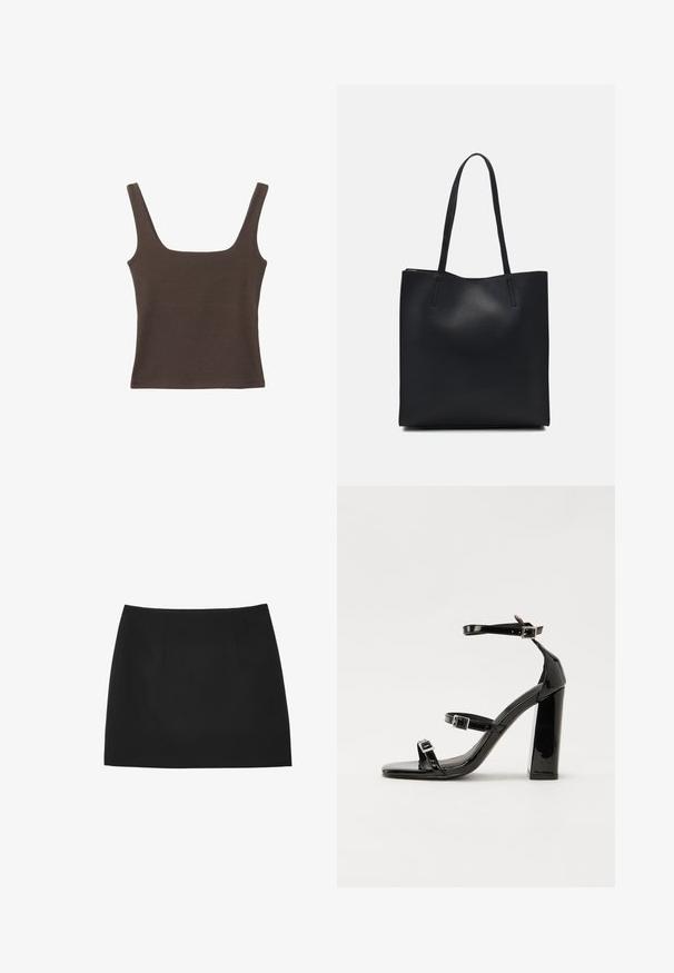 Braunes ärmelloses Oberteil mit quadratischem Ausschnitt, aus weichem, dehnbarem Stoff gefertigt. Verfügt über ein figurbetontes Design und flache Nähte.; Schwarzer Minirock aus glattem Stoff, mit Falten vorne, geradem Schnitt und ohne zusätzliche Muster oder Akzente.; Schwarze patentierte Sandalen mit Absatz, quadratischer Spitze, Knöchelriemen und silbernen Schnallen. Mit einem stabilen Blockabsatz für mehr Stabilität.; Schwarze Laptoptasche aus Leder mit glatter Textur, rechteckiger Form und zwei langen Griffen. Keine sichtbaren Beschläge oder Verzierungen.