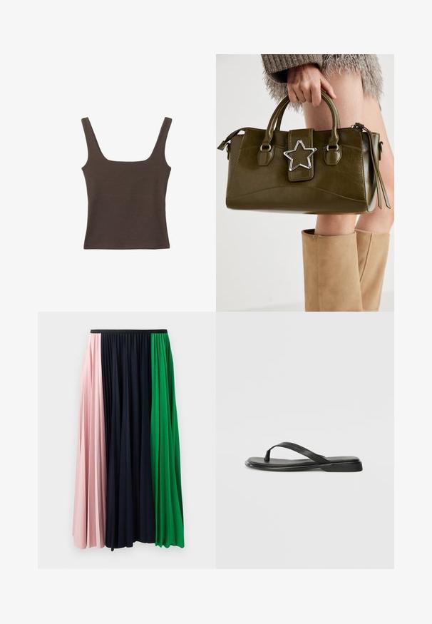 Brązowa bezrękawnikowa bluzka o kwadratowym dekolcie, wykonana z miękkiego, elastycznego materiału. Posiada dopasowany krój i płaskie szwy.; Spódnica plisowana z panelami w kolorach różowym, granatowym i zielonym. Wykonana z miękkiego materiału z elastycznym pasem, zapewniającym wygodne dopasowanie.; Czarne klapki wykonane z gładkiej skóry, z cienkim paskiem i płaską podeszwą o minimalistycznym profilu. Brak widocznych wzorów lub akcentów.; Oliwkowa torebka z ekoskóry z srebrnym akcentem w kształcie gwiazdy, podwójnymi uchwytami i zapięciem na zamek. Teksturowana powierzchnia i wyraźnie zarysowany kształt.