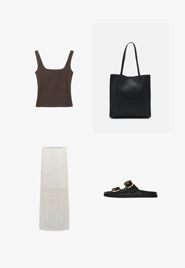 Top senza maniche marrone con scollo quadrato, realizzato in tessuto morbido ed elastico. Presenta un design aderente e cuciture piatte.; Lampada con paralume in pizzo bianco, forma cilindrica con motivo floreale, texture trasparente e bordo superiore liscio. Supporta attacco per lampadina standard.; Infradito neri con due accenti di fibbia dorata, materiale dalla texture liscia, suola piatta e design minimalista.; Borsa tote in pelle nera con texture liscia, forma rettangolare e due manici lunghi. Nessun hardware o decorazione visibile.