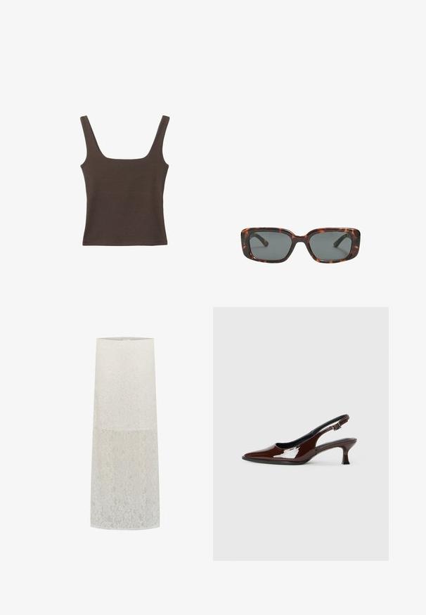 Braunes ärmelloses Oberteil mit quadratischem Ausschnitt, aus weichem, dehnbarem Stoff gefertigt. Verfügt über ein figurbetontes Design und flache Nähte.; Lampenschirm aus Spitze in Weiß, zylindrische Form mit Blumenmuster, transparenter Textur und glattem oberen Rand. Unterstützt Standard-Lampenfassung.; Braune Lackleder-Slingback-Schuhe mit spitzer Zehe und moderatem Absatz. Mit einem Schnallenriemen für einen sicheren Sitz. Glatte Textur.; Sonnenbrille im Schildpatt-Design mit rechteckigen Gläsern, dicken Rahmen und dunkelgetönten Gläsern. Glatte Textur und minimalistisches Design.