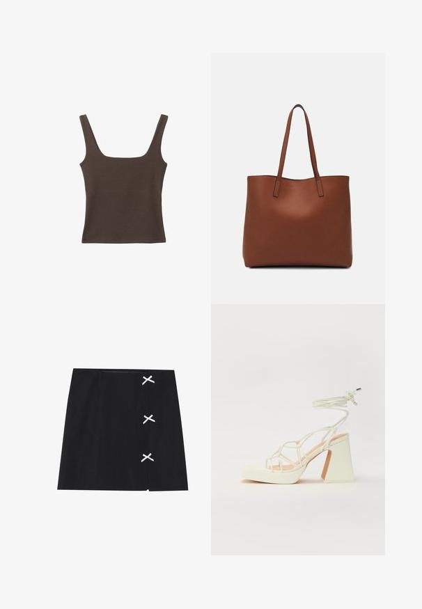 Hnedý bezrúškový top so štvorcovým výstrihom, vyrobený z mäkkého, elastického materiálu. Má priliehavý strih a ploché švy.; Čierna mini sukňa s hladkou textúrou, na ľavej strane so bielymi krížovými stužkami. Jednoduchý dizajn s rovný strihom.; Biele sandále na vysokom opätku s hrubým podpätkom, s pruhovaným dizajnom a viazaním na členku. Hladký povrch s platformou vpredu pre zvýšenú výšku.; Hnedá kožená taška na rameno s hladkou textúrou, otvoreným vrchom a dvoma ramenými popruhmi. Má minimálne šitia a žiadne viditeľné kovania.
