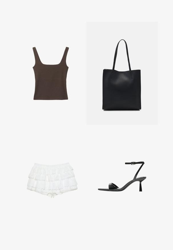 Hnedý bezrúškový top so štvorcovým výstrihom, vyrobený z mäkkého, elastického materiálu. Má priliehavý strih a ploché švy.; Biele šortky s tromi volánovými vrstvami, vyrobené z ľahkého materiálu s očkovými detailmi. Elastický pás, ryhované okraje.; Bershka Sandále na vysokom opätku - black; Čierna kožená taška na rameno s hladkým povrchom, obdĺžnikovým tvarom a dvoma dlhými uchami. Bez viditeľného kovania alebo ozdôb.