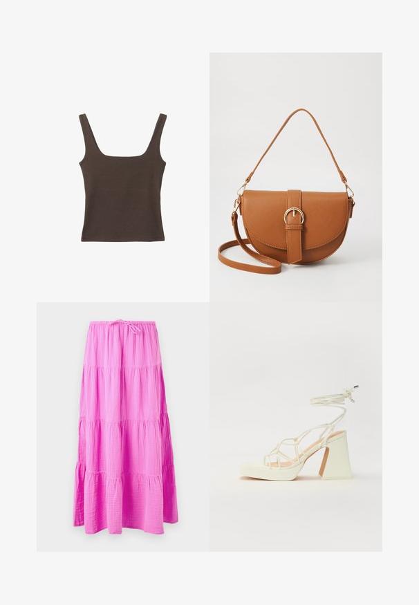 Brązowa bezrękawnikowa bluzka o kwadratowym dekolcie, wykonana z miękkiego, elastycznego materiału. Posiada dopasowany krój i płaskie szwy.; Długa, warstwowa spódnica w jasnoróżowym kolorze, wykonana z miękkiego, teksturowanego materiału. Posiada elastyczny pas z sznurkiem do regulacji dopasowania.; Biała sandał na wysokim obcasie z masywnym słupkiem, z paskowym wzorem i wiązaniem przy kostce. Gładka faktura z platformą z przodu dla dodatkowej wysokości.; Brązowa skórzana torba na ramię o zaokrąglonym kształcie, ze złotymi akcentami i zapięciem w formie klamry. Posiada odpinany pasek na ramię.
