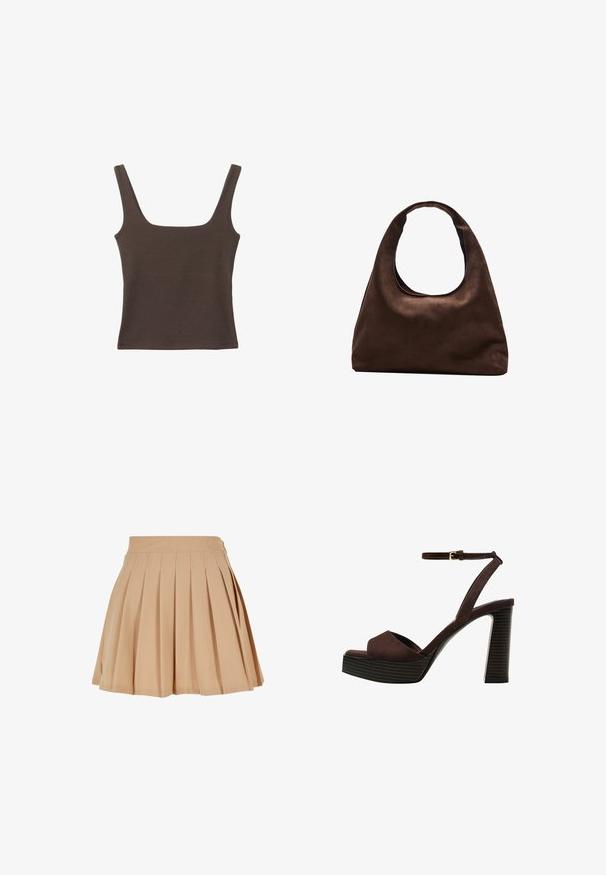 Hnedý bezrúškový top so štvorcovým výstrihom, vyrobený z mäkkého, elastického materiálu. Má priliehavý strih a ploché švy.; Béžová plisovaná mini sukňa s vysokým pásom a jemným vyšitým logom na pravej strane pásu.; Hnedé semišové sandále na vysokom podpätku s otvorenou špičkou, nastaviteľným členkovým remienkom a pruhovanou platformovou podrážkou.; Svetlohnedá kabelka v štýle hobo s jedným širokým popruhom a zakriveným otváraním na vrchu, vystavená na bielom pozadí.