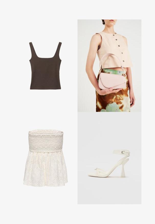 Hnedý bezrúškový top so štvorcovým výstrihom, vyrobený z mäkkého, elastického materiálu. Má priliehavý strih a ploché švy.; Bezramenný biely top s textúrovanou smockovou korunkou a rozšírenou časťou s čipkovaným vzorom. Obsahuje zložité výrezy.; Biele kožené sandále na vysokom podpätku s pásikmi, elegantným dizajnom, priehľadným blokovým podpätkom a dekoratívnym prvkom na špičke.; Ružová kožená kabelka s zakriveným klapkovým uzáverom, jedným ramenným popruhom a čistými líniami. Kabelka má hladkú textúru a minimalistický dizajn.