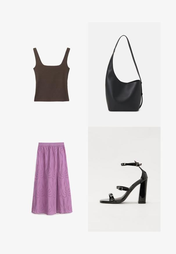 Hnědý bezramínkový top se čtvercovým výstřihem vyrobený z měkké, elastické tkaniny. Má přiléhavý design a ploché švy.; Fialová maxi sukně s elastickým pasem, se vyšívanými spirálovými vzory a očkovými výřezy pro textura a prodyšnost.; Černé lakované sandály na podpatku se čtveratou špičkou, lýtkovými pásky a stříbrnými přezkami. Disponují masivním blokovým podpatkem pro stabilitu.; Černá kožená hobo taška s hladkým povrchem, zakřiveným tvarem a jedním nastavitelným popruhem; má široké otevírání nahoře.