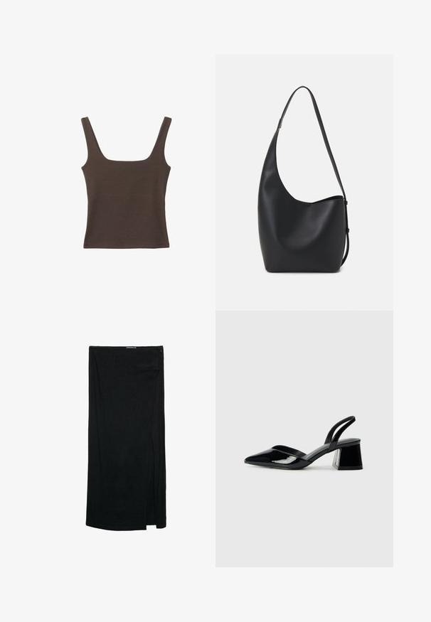 Smešani smeđi top bez rukava sa kvadratnim izrezom, izrađen od mekanog, rastezljivog materijala. Ima kroj koji se uklapa i ravne šavne.; Crna suknja do koljena s bočnim prorezom, izrađena od lagane tkanine glatke teksture i jednostavnog dizajna. Zatvaranje na zipu u struku.; Crne lakirane kožne sandale s otvorenom petom i špicastim vrhom, s geometrijskom blok petom. Imaju elegantan, minimalistički dizajn i glatku teksturu.; Crna kožna hobo torba s glatkom teksturom, zakrivljenim oblikom i jednom podesivom trakicom; ima širok otvor na vrhu.
