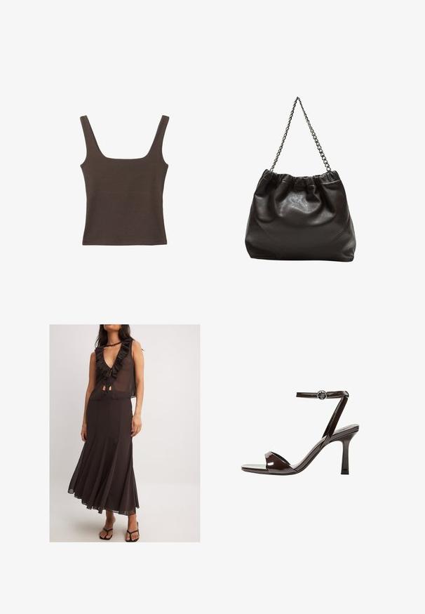 Brun ärmlös topp med fyrkantig halsringning, tillverkad av mjukt, elastiskt tyg. Har en figurnära design och plana sömmar.; Brun ärmlös klänning med volangad V-ringning, knytframsdel och en flödande kjol. Det lätta tyget och den figursydda midjan förstärker silhuetten.; Bruna lackläder högklackade sandaler med ankelrem, öppen tå och en elegant, minimalistisk design. Har en fyrkantig klack.; Brun läderväska med rynkad topp och kedjesnodd. Slät textur med en blankslipad yta och subtila sömdetaljer på sidorna.