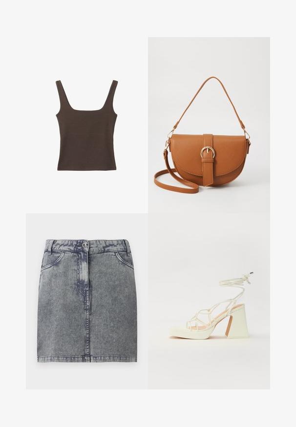 Braunes ärmelloses Oberteil mit quadratischem Ausschnitt, aus weichem, dehnbarem Stoff gefertigt. Verfügt über ein figurbetontes Design und flache Nähte.; Grauer Jeans-Minirock mit einer ausgewaschenen Optik, Vorderstaschen, Knopfverschluss und geradem Saum. Strukturiertes Material.; Weiße High-Heel-Sandale mit einem klobigen Absatz, die über ein Riemchendesign und ein Knöchelband verfügt. Glatte Textur mit einer Plattform vorne für zusätzliche Höhe.; Braune Leder-Crossbody-Tasche mit geschwungener Form, goldfarbenen Beschlägen und einer Schnallenakzentuierung. Verfügt über einen abnehmbaren Schultergurt.