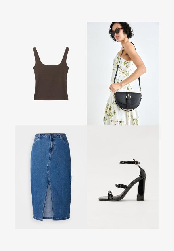 Top senza maniche marrone con scollo quadrato, realizzato in tessuto morbido ed elastico. Presenta un design aderente e cuciture piatte.; Gonna in denim blu medio con spacco frontale, vita alta, cinque tasche e passanti per cintura. Il tessuto ha una finitura testurizzata.; Sandali con tacco in vernice nera, con punta squadrata, cinturini alla caviglia e fibbie in argento. Presentano un tacco a blocco spesso per maggiore stabilità.; Borsa a tracolla nera in pelle con una forma curva, manico rimovibile e accessori dorati. La borsa presenta una patta con un dettaglio a fibbia.