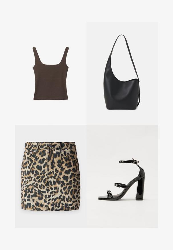 Hnedý bezrúškový top so štvorcovým výstrihom, vyrobený z mäkkého, elastického materiálu. Má priliehavý strih a ploché švy.; Džínsová minisukňa s leopardím vzorom v odtieňoch hnedej a čiernej, s vysokým pásom a dizajnom s piatimi vreckami. Strieborné kovové detaily.; Čierne lakované sandále na podpätku so štvorcovou špičkou, navlečenými remienkami okolo členku a striebornými prackami. Disponujú masívnym blokovým podpätkom pre stabilitu.; Čierna kožená hobo taška so hladkou textúrou, zakriveným tvarom a jedným nastaviteľným popruhom; má široké otvorenie na vrchu.
