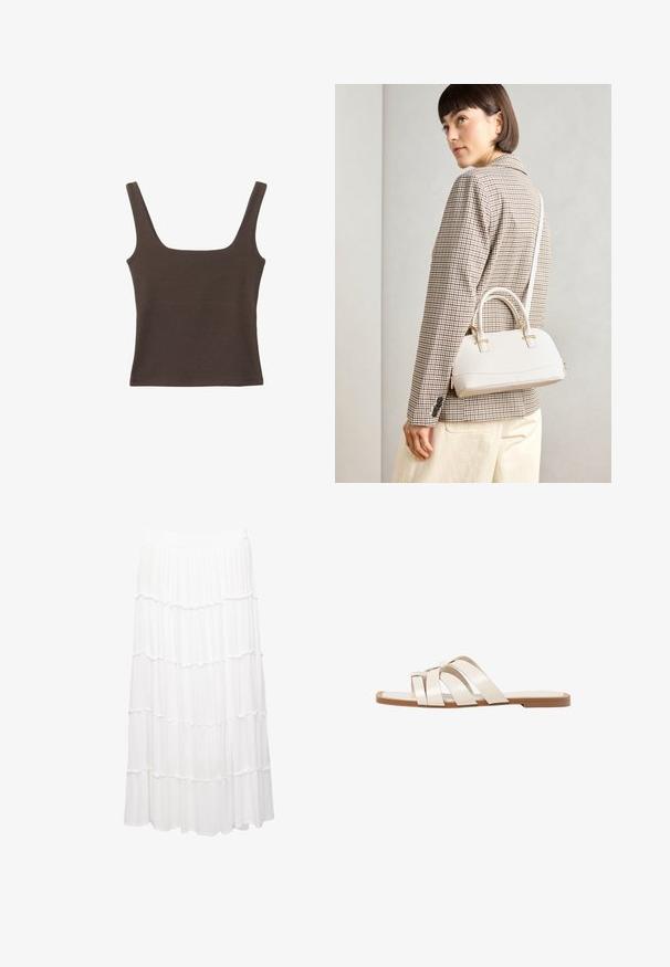 Hnědý bezramínkový top se čtvercovým výstřihem vyrobený z měkké, elastické tkaniny. Má přiléhavý design a ploché švy.; Bílá sukna ve vrstvách vyrobená z lehké tkaniny, s elastickým pasem, volánkovými vrstvami a splývavým designem, který sahá až k polovině tel. Zároveň je pohodlná a vzdušná.; Ploché sandály s hnědou gumovou podrážkou, navržené se třemi překrývajícími se bílými koženými řemínky a malým mašlí uprostřed.; Bílá strukturovaná kabelka s krátkými uchy a ramenním popruhem, zdobená zlatými kovovými prvky a texturovaným materiálem, vystavená na šedém pozadí.