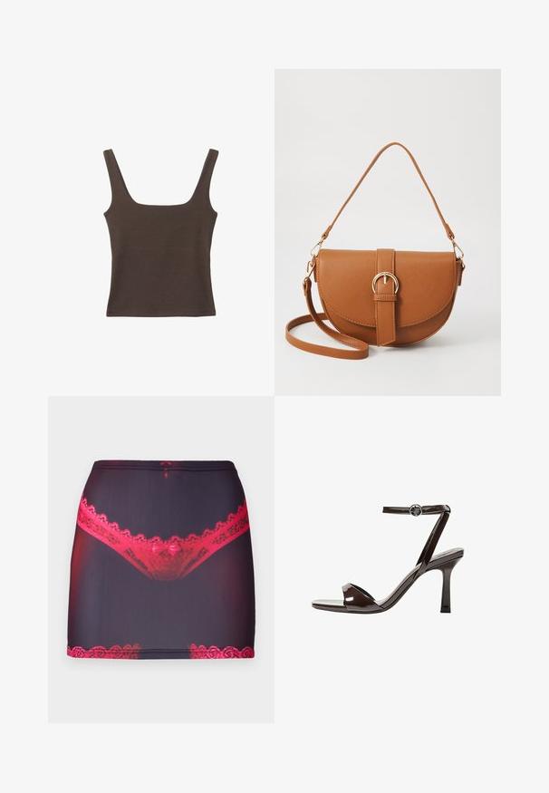 Top senza maniche marrone con scollo quadrato, realizzato in tessuto morbido ed elastico. Presenta un design aderente e cuciture piatte.; Mini gonna nera in tessuto con un bordo in pizzo rosso nella parte superiore e nell'orlo, con una stampa grafica di biancheria intima in pizzo rosso sul davanti.; Sandalini con tacco alto in pelle verniciata marrone, con cinturino alla caviglia, punta aperta e un design elegante e minimalista. Presentano un tacco quadrato.; Borsa a tracolla in pelle marrone con forma curvata, hardware dorato e un dettaglio con fibbia. Presenta una tracolla rimovibile.