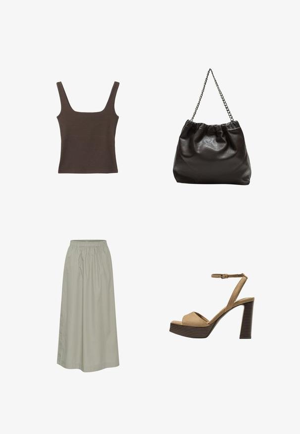Bruine tanktop zonder mouwen met een vierkante halslijn, gemaakt van zachte, rekbare stof. Heeft een aansluitend ontwerp en platte naden.; Lichtgroene, knielange rok van zachte stof met een elastische tailleband, met een gathered ontwerp en discrete stikdetails.; Beige suède hoge hakken sandalen met een brede voorband en enkelband, met een dikke houten blokhak met een gestructureerde afwerking.; Bruine leren tas met een geplooide bovenkant en een kettinghengsel. Glad textuur met een glanzende afwerking en subtiele naaddetails aan de zijkanten.