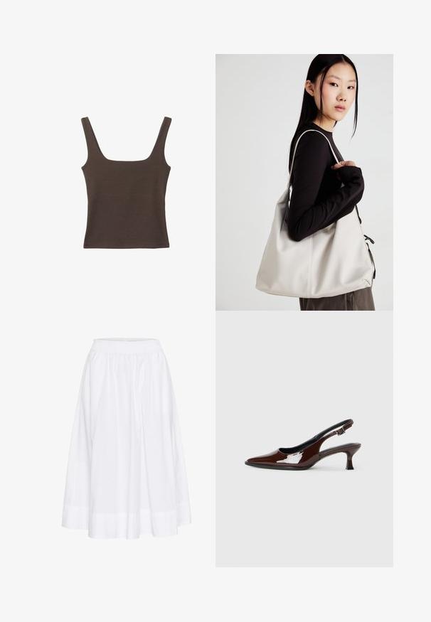Rjava brezrokavna majica s kvadratnim izrezom, narejena iz mehkega, elastičnega materiala. Ima oprijet kroj in ravne šive.; Bela krila do kolen, izdelana iz lahkotnega materiala, z elastičnim pasom in tekočim dizajnom z subtilno teksturo.; Rjavi lakirani slingback čevelj z ostro konico in zmerno peto. Ima zaponko za varno prileganje. Gladka tekstura.; Bežna torbica iz mehkega materiala, z ohlapno zasnovo, šivi in dvema naramnicama. Primerna za vsakodnevno uporabo.
