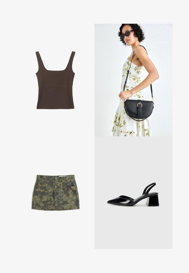 Hnědý bezramínkový top se čtvercovým výstřihem vyrobený z měkké, elastické tkaniny. Má přiléhavý design a ploché švy.; Zelená maskáčová džínová sukně s vypasovaným pasem, čtyřmi kapsami a knoflíkovým zapínáním. Vzor zahrnuje tmavě a svěže zelené listové motivy.; Černé lakované kožené lodičky na pásku s špičatou špičkou a geometrickým blokovým podpatkem. Vyznačují se elegantním, minimalistickým designem a hladkým povrchem.; Černá kožená kabelka s křivkovým tvarem, odnímatelným popruhem a zlatými detaily. Kabelka má klopu s přezkou.