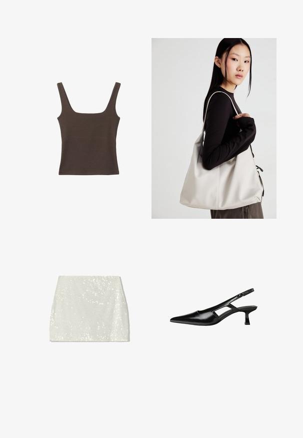 Rjava brezrokavna majica s kvadratnim izrezom, narejena iz mehkega, elastičnega materiala. Ima oprijet kroj in ravne šive.; Bershka Krilo A-kroja - white; Črne patentični usnjeni salonarji s slingback designom, z zašiljenim nosom, izrezanim stranskim dizajnom in majhnim kvadratnim peto. Gladka tekstura z minimalnimi detajli.; Bežna torbica iz mehkega materiala, z ohlapno zasnovo, šivi in dvema naramnicama. Primerna za vsakodnevno uporabo.