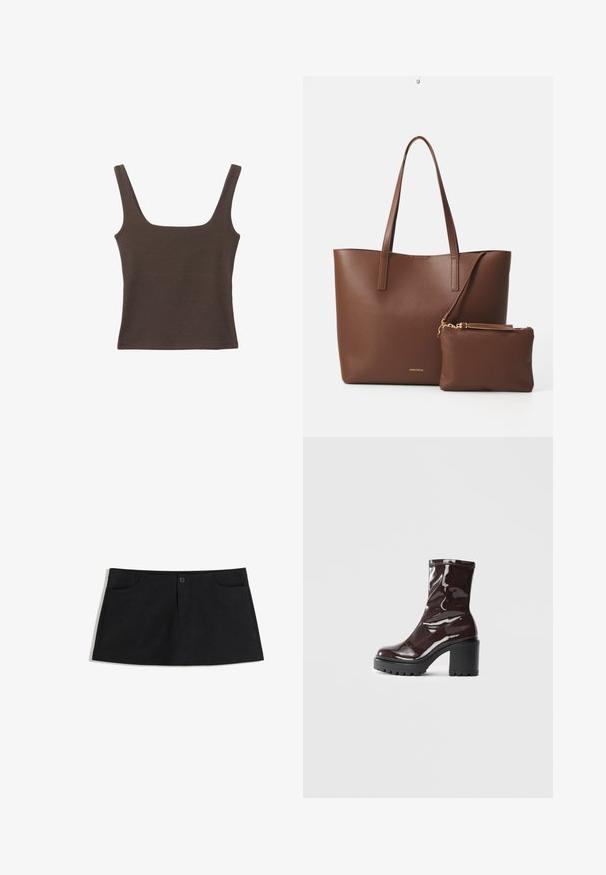 Hnědý bezramínkový top se čtvercovým výstřihem vyrobený z měkké, elastické tkaniny. Má přiléhavý design a ploché švy.; Černá sukně ke kolenům vyrobená z měkké tkaniny. Má dvě přední kapsy a zapínání na jeden knoflík v pase.; Lesklá bordó kotníková bota s masivním černým podpatkem, se hladkým povrchem a jednoduchým designem. Žádné viditelné zapínání ani vzory.; Hnědá taška z umělé kůže s dvěma dlouhými uchy a odpovídajícím malým pouzdrem. Povrch má texturovaný vzor a zlaté kovové prvky.