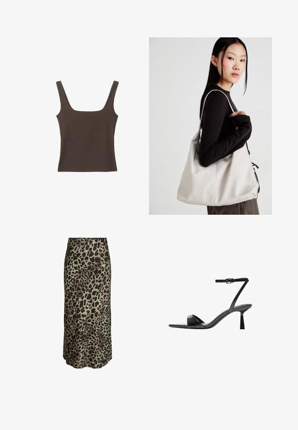 Braunes ärmelloses Oberteil mit quadratischem Ausschnitt, aus weichem, dehnbarem Stoff gefertigt. Verfügt über ein figurbetontes Design und flache Nähte.; Leopardenmuster-Midirock aus einem seidigen Material. Hat eine glatte Textur, einen neutralen beigen Hintergrund mit tiefbraunen und schwarzen Flecken.; Bershka High Heel Sandalette - black; Beige Handtasche aus weichem Material, mit einem lässigen Design, gesteppten Details und zwei Schulterriemen. Geeignet für den täglichen Gebrauch.