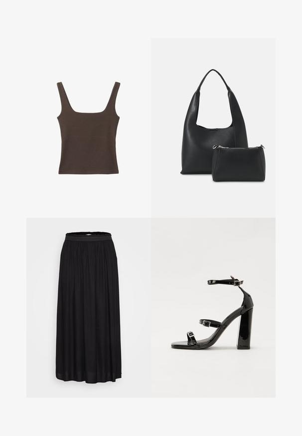 Brun ärmlös topp med fyrkantig halsringning, tillverkad av mjukt, elastiskt tyg. Har en figurnära design och plana sömmar.; Svart, lång, flytande kjol gjord av lättviktigt tyg med en insamlad elastisk midja. Har en slät textur och inga mönster.; Svarta lackerade klacksandaler med fyrkantig tå, ankelremmar och silverfärgade spännen. Har en kraftig blockklack för stabilitet.; Even&Odd Handväska - black