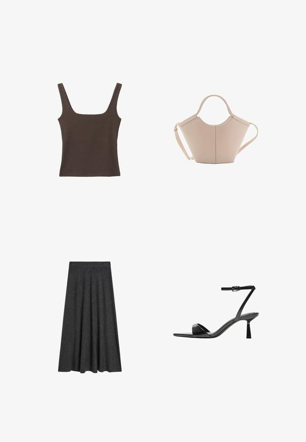 Top senza maniche marrone con scollo quadrato, realizzato in tessuto morbido ed elastico. Presenta un design aderente e cuciture piatte.; Gonna a ruota di lunghezza al ginocchio in misto lana grigio scuro, caratterizzata da una trama liscia e una vita elasticizzata per comfort e facilità d'uso.; Bershka Sandali con tacco - black; Borsa in pelle beige con una forma unica, caratterizzata da due manici corti e una lunga tracolla regolabile. Texture liscia con hardware minimale.