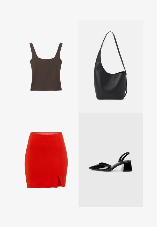 Ruskea hihaton toppi, jossa on neliönmuotoinen kaula-aukko, valmistettu pehmeästä ja joustavasta kankaasta. Ominaisuuksiin kuuluu istuva muotoilu ja sileät saumat.; Punainen neulehame, jossa on muotoiltu malli, sivuaukko ja helma, joka ulottuu juuri keski-reiteen ylle. Sileä pinta, yksinkertainen rakenne.; Mustat patentoitu nahkakengät, joissa on säären takaosa ja terävä kärki, sekä geometrinen palikkakorko. Sisältää tyylikkään, minimalistisen muotoilun ja sileän pinnan.; Musta nahkainen hobo-laukku, jossa on sileä pinta, kaareva muoto ja yksi säädettävä olkahihna; sisäänkäynti on leveä ylhäältä.