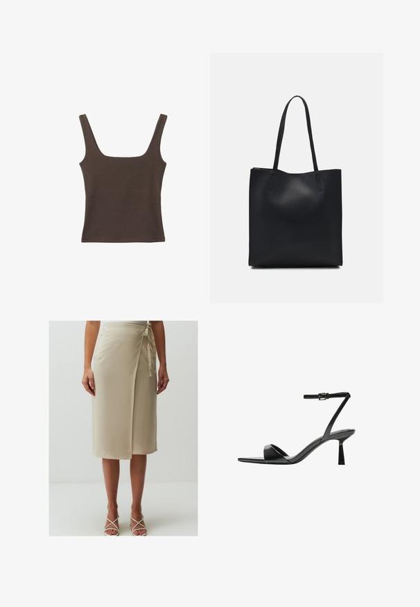 Braunes ärmelloses Oberteil mit quadratischem Ausschnitt, aus weichem, dehnbarem Stoff gefertigt. Verfügt über ein figurbetontes Design und flache Nähte.; Beige Wickelrock aus leichtem Stoff, mit einer gebundenen Taillendetail und knielangem Schnitt. Weiche Textur mit einem subtilen Glanz.; Bershka High Heel Sandalette - black; Schwarze Laptoptasche aus Leder mit glatter Textur, rechteckiger Form und zwei langen Griffen. Keine sichtbaren Beschläge oder Verzierungen.