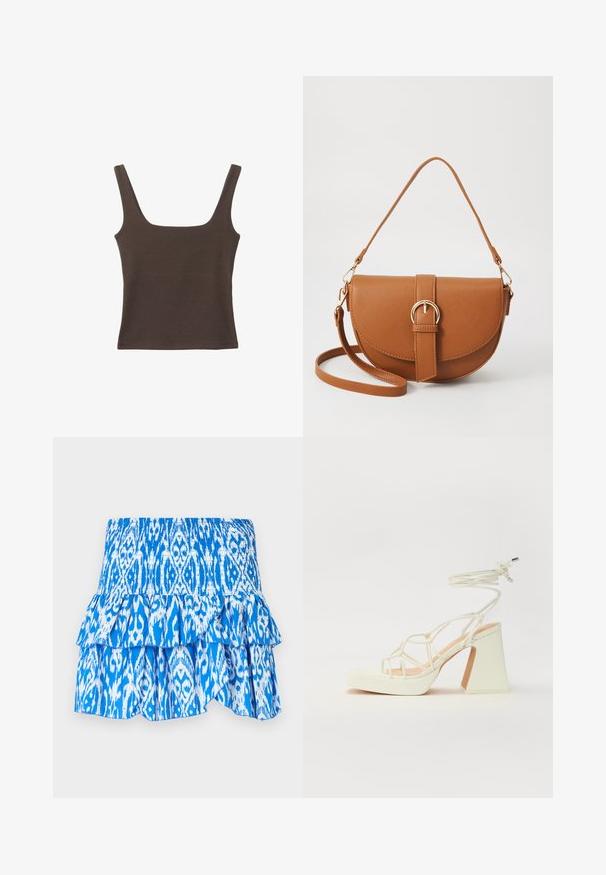 Ruskea hihaton toppi, jossa on neliönmuotoinen kaula-aukko, valmistettu pehmeästä ja joustavasta kankaasta. Ominaisuuksiin kuuluu istuva muotoilu ja sileät saumat.; Sininen ja valkoinen kuvioitu hame, jossa on kerroksellinen rypytetty vyötärö ja kevyttä kangasta. Hameessa on ikat-tyylinen muotoilu.; Valkoinen korkokenkä, jossa on paksu korko, ja joka sisältää nauhakiinnityksen ja nilkkaketjun. Sujuva pinta, jossa on platform-etupohja lisäkorkeutta varten.; Ruskean nahkainen olkalaukku, jossa on kaareva muoto, kultaiset yksityiskohdat ja solkiyksityiskohta. Varustettu irrotettavalla olkahihnalla.